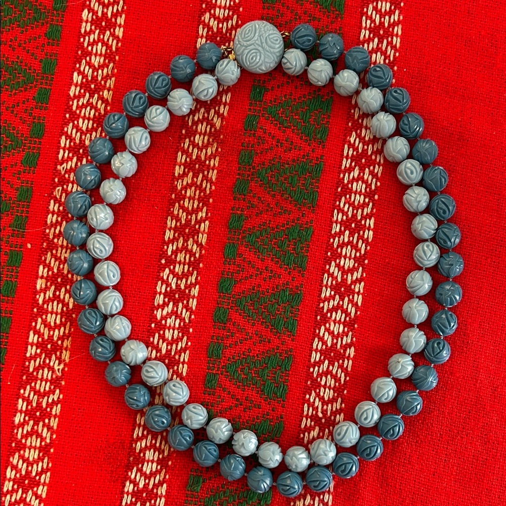 unique vintage blue 2 strand floral motif beaded necklace